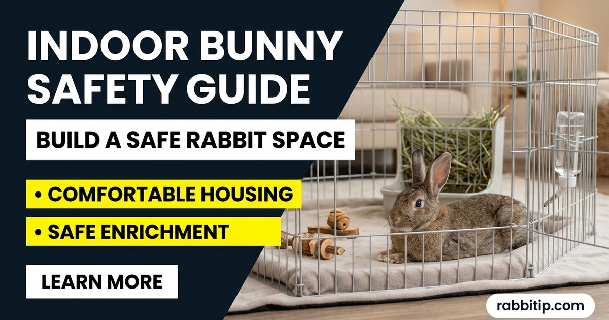 Rabbit safety environment guide showing indoor bunny enclosure with exercise pen and enrichment items